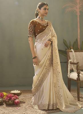 off white upada silk blend woven with lace border designer saree 1