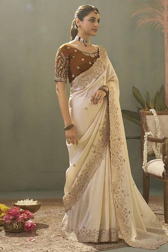 off white upada silk blend woven with lace border designer saree