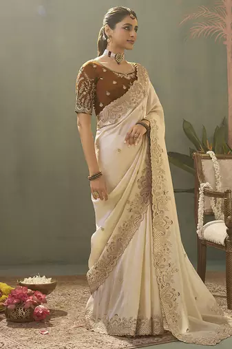 off white upada silk blend woven with lace border designer saree