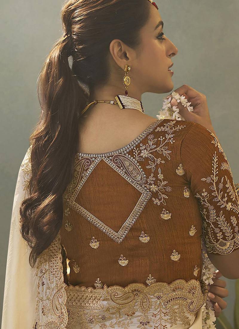 off white upada silk blend woven with lace border designer saree