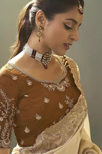 off white upada silk blend woven with lace border designer saree