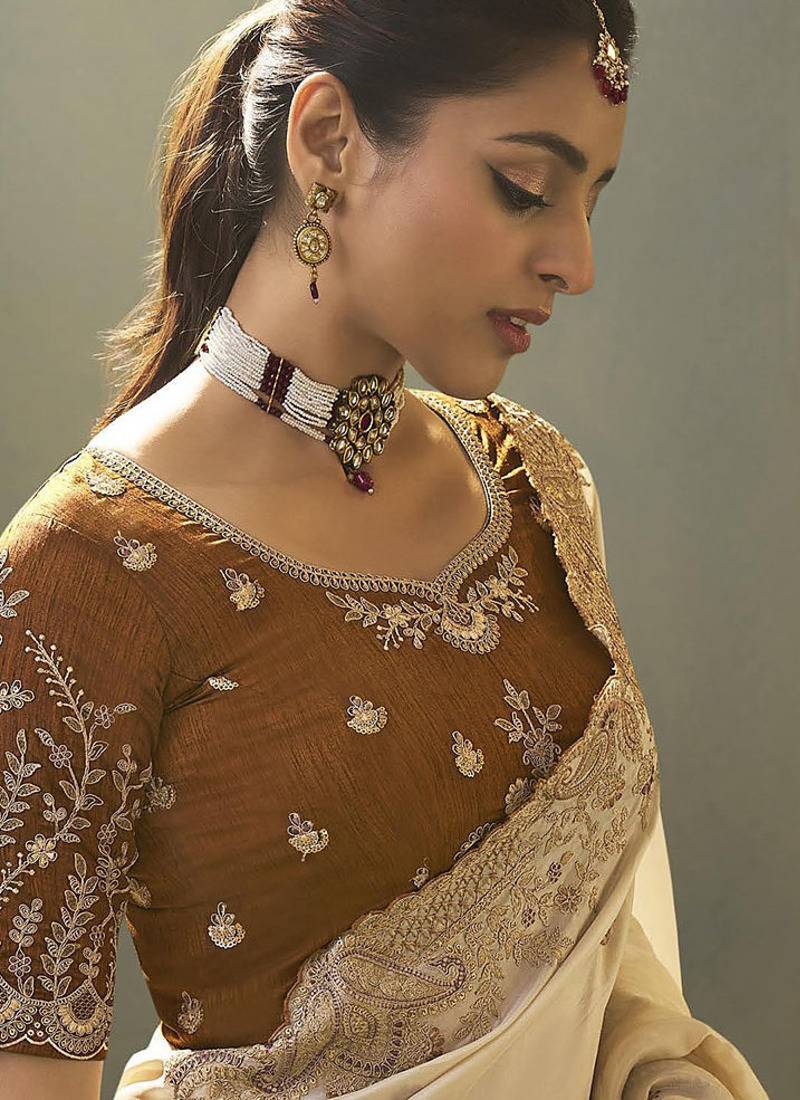 off white upada silk blend woven with lace border designer saree