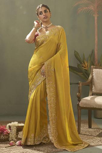mustard upada silk blend woven with lace border designer saree