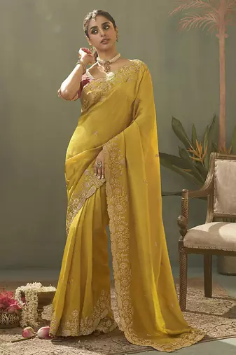 mustard upada silk blend woven with lace border designer saree