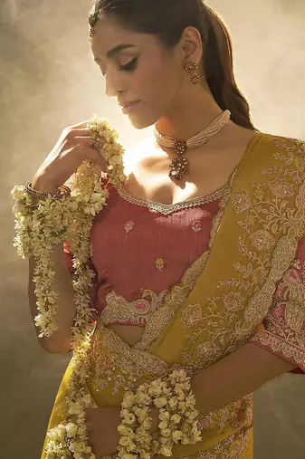 mustard upada silk blend woven with lace border designer saree