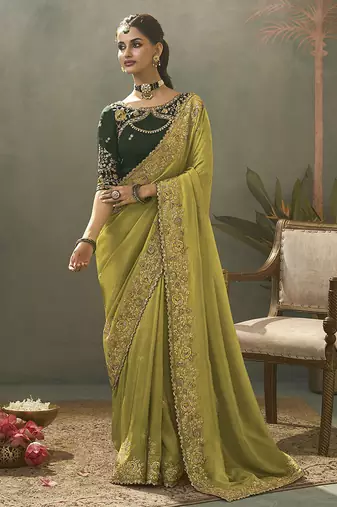 olive upada silk blend woven with lace border designer saree
