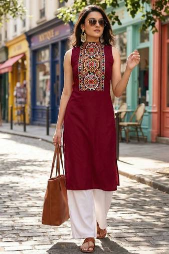 Women ethnic motifs embroidered patchwork kurta
