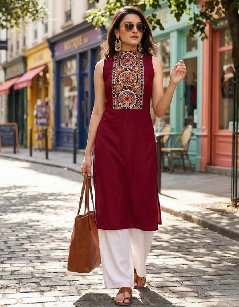 Women ethnic motifs embroidered patchwork kurta