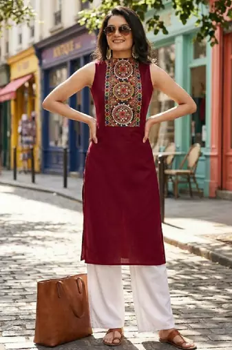 Women ethnic motifs embroidered patchwork kurta