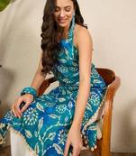 Women floral printed halter neck chanderi silk blend kurta
