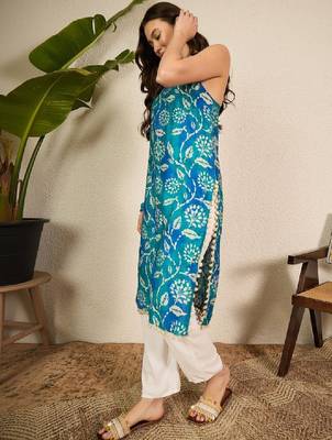 Women floral printed halter neck chanderi silk blend kurta 2