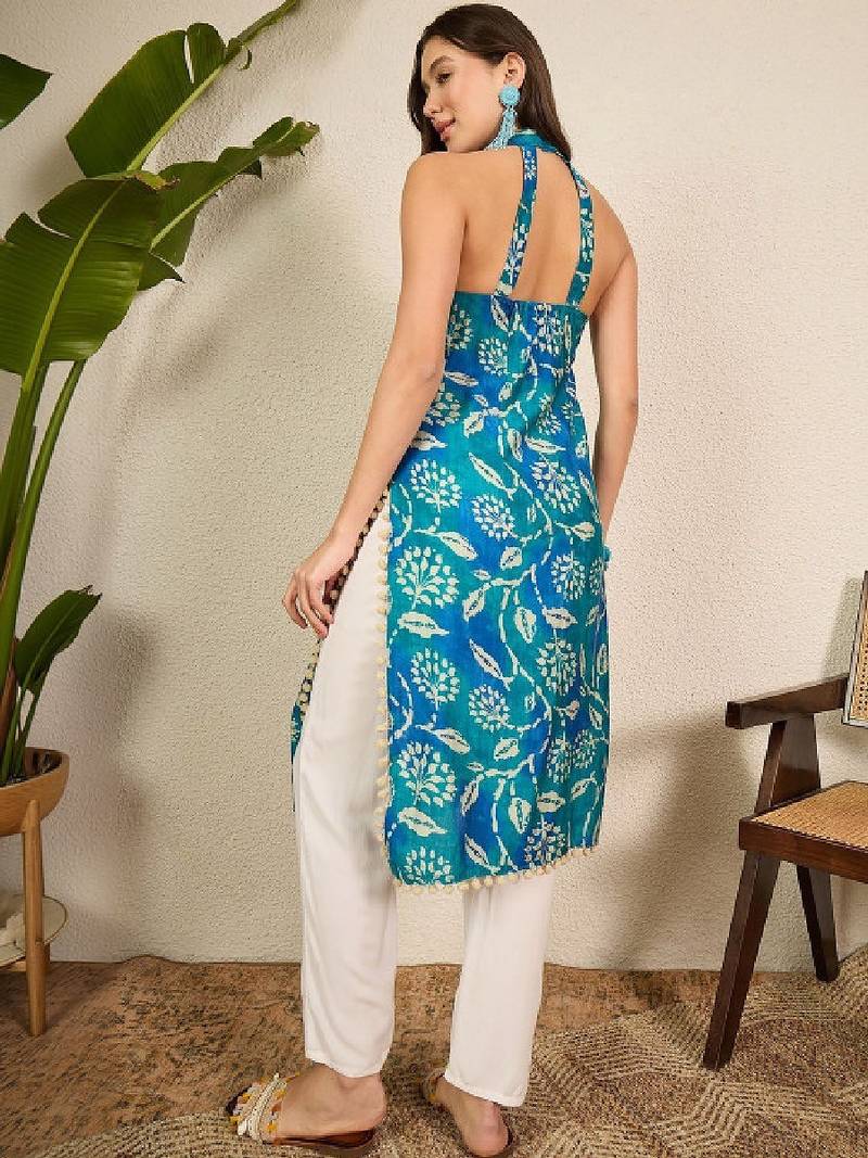Women floral printed halter neck chanderi silk blend kurta