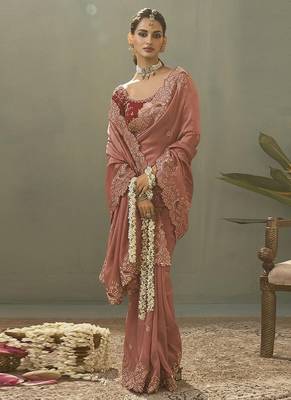 salmon upada silk blend woven with lace border designer saree 1