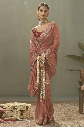 salmon upada silk blend woven with lace border designer saree