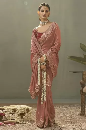 salmon upada silk blend woven with lace border designer saree