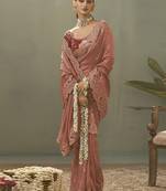 salmon upada silk blend woven with lace border designer saree