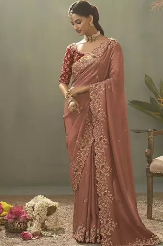 salmon upada silk blend woven with lace border designer saree