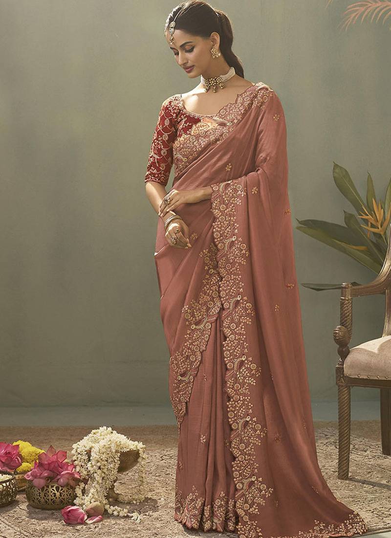 salmon upada silk blend woven with lace border designer saree