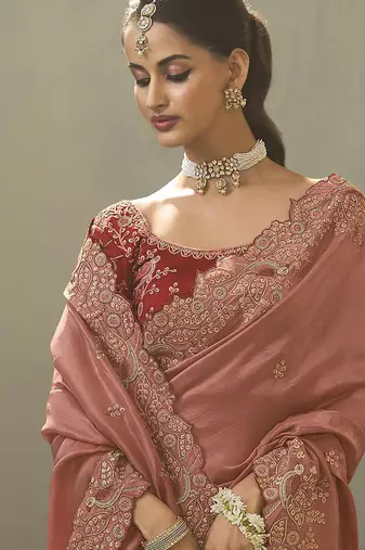 salmon upada silk blend woven with lace border designer saree