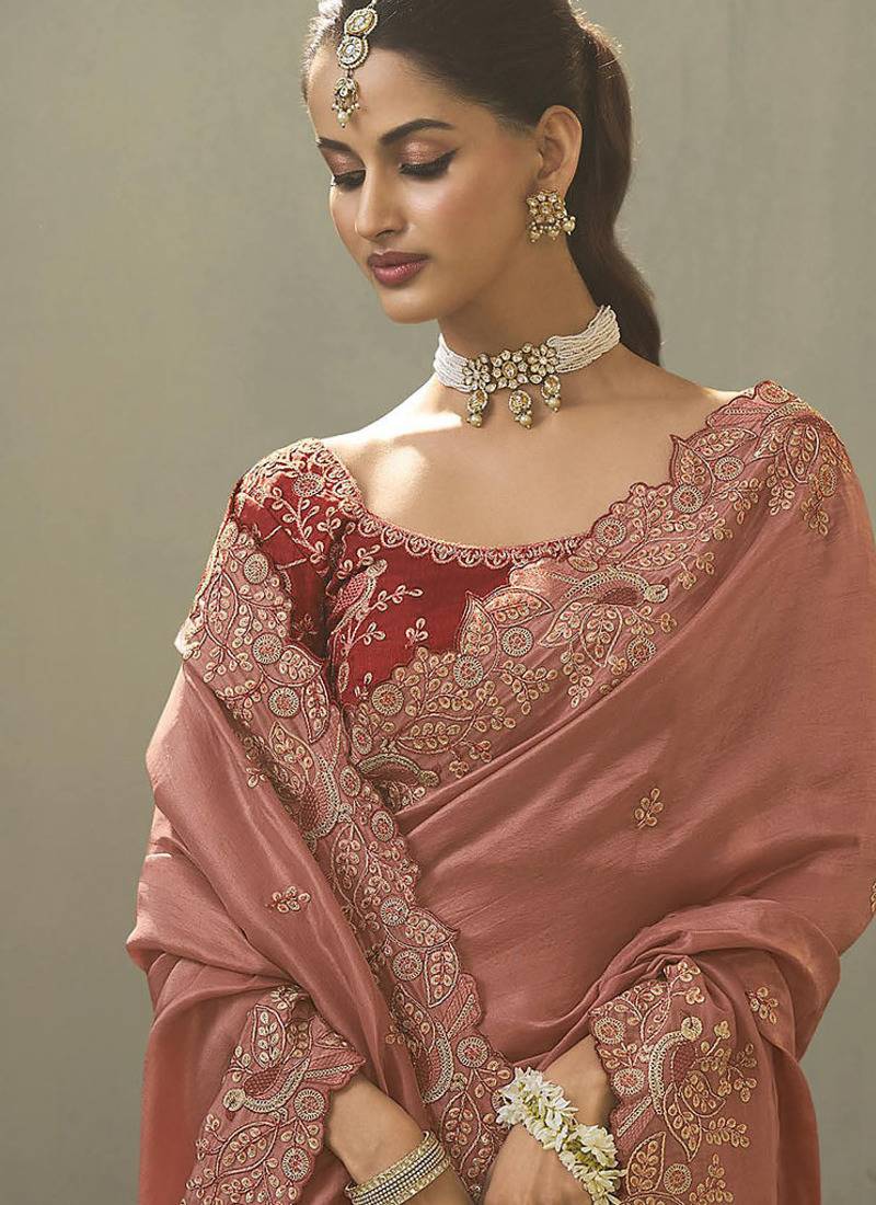 salmon upada silk blend woven with lace border designer saree