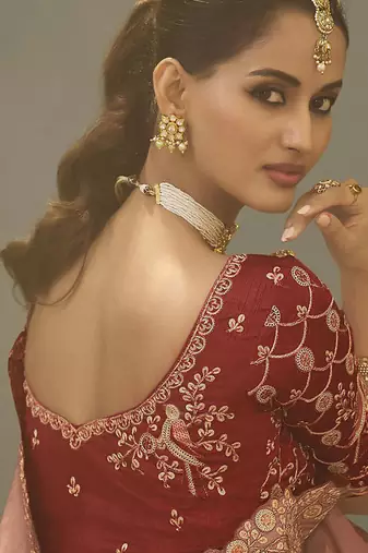 salmon upada silk blend woven with lace border designer saree