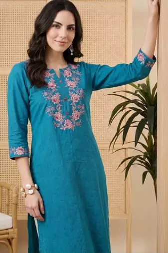 Women floral embroidered regular sleeves thread work kurta