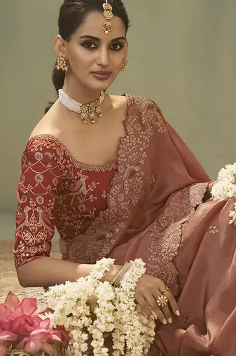 salmon upada silk blend woven with lace border designer saree