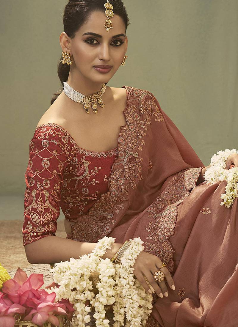 salmon upada silk blend woven with lace border designer saree