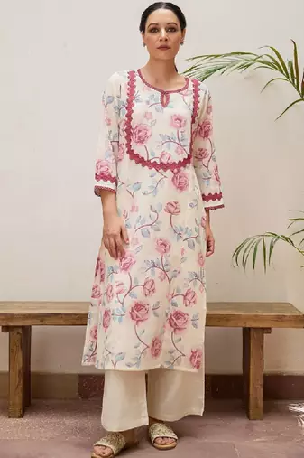 Women floral printed keyhole neck kurta