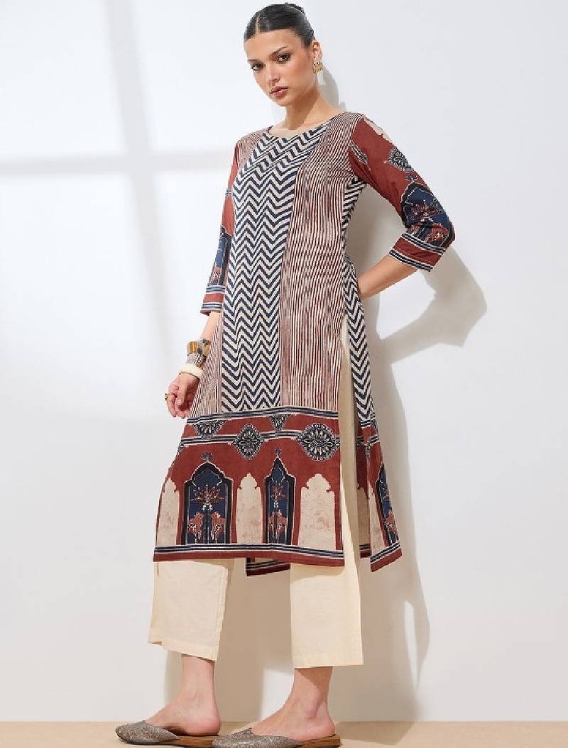 Women geometric printed block print kurta