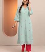 Women floral embroidered v-neck thread work chanderi cotton straight kurta