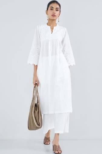 Women embroidered thread work white romance kurta