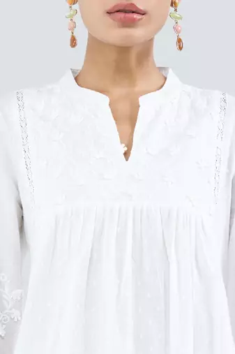 Women embroidered thread work white romance kurta