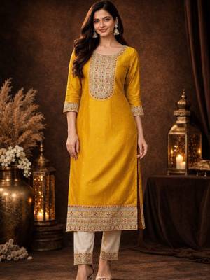 Women ethnic motifs embroidered thread work kurta 1
