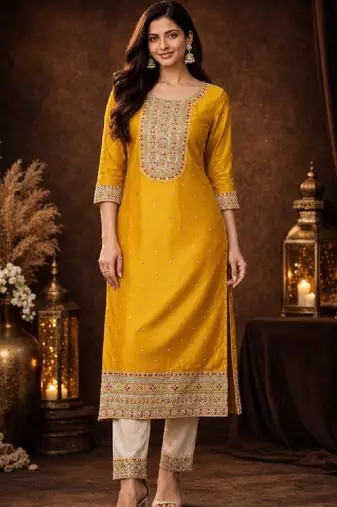 Women ethnic motifs embroidered thread work kurta