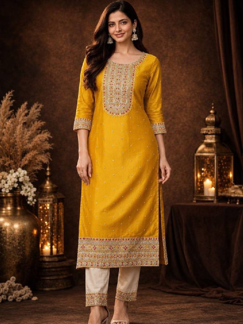 Women ethnic motifs embroidered thread work kurta