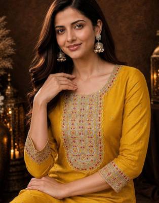 Women ethnic motifs embroidered thread work kurta 2