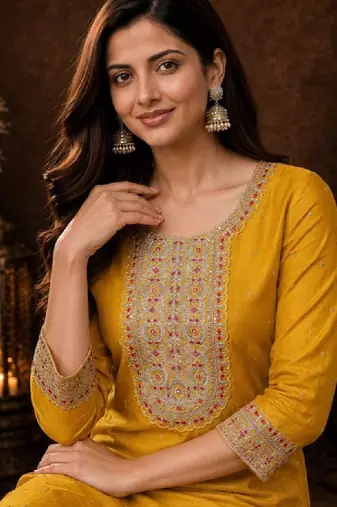 Women ethnic motifs embroidered thread work kurta