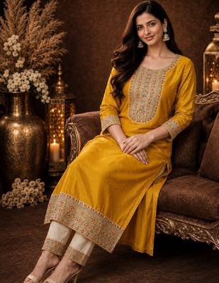 Women ethnic motifs embroidered thread work kurta 3