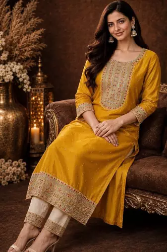 Women ethnic motifs embroidered thread work kurta