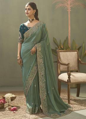 sage green upada silk blend woven with lace border designer saree 1