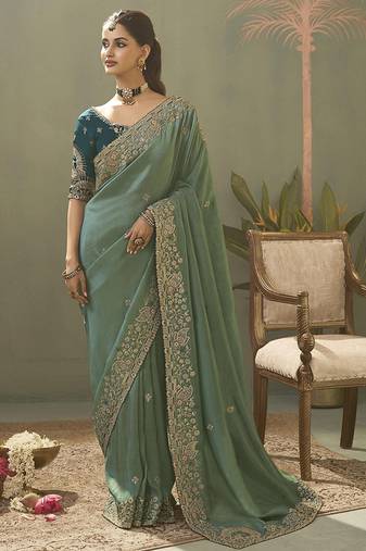 sage green upada silk blend woven with lace border designer saree