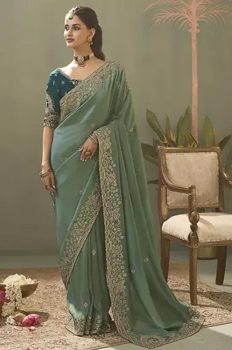 sage green upada silk blend woven with lace border designer saree