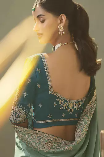 sage green upada silk blend woven with lace border designer saree