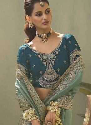 sage green upada silk blend woven with lace border designer saree 3