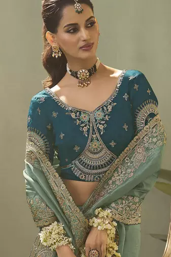 sage green upada silk blend woven with lace border designer saree
