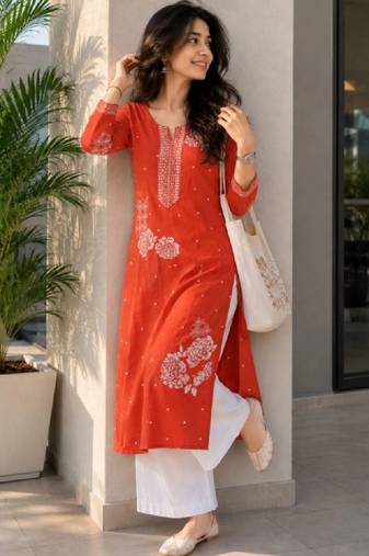 Women floral printed thread work kurta