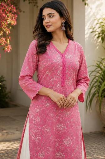 Women floral printed thread work floral kurta