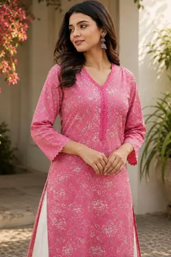 Women floral printed thread work floral kurta