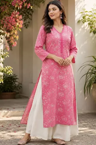 Women floral printed thread work floral kurta